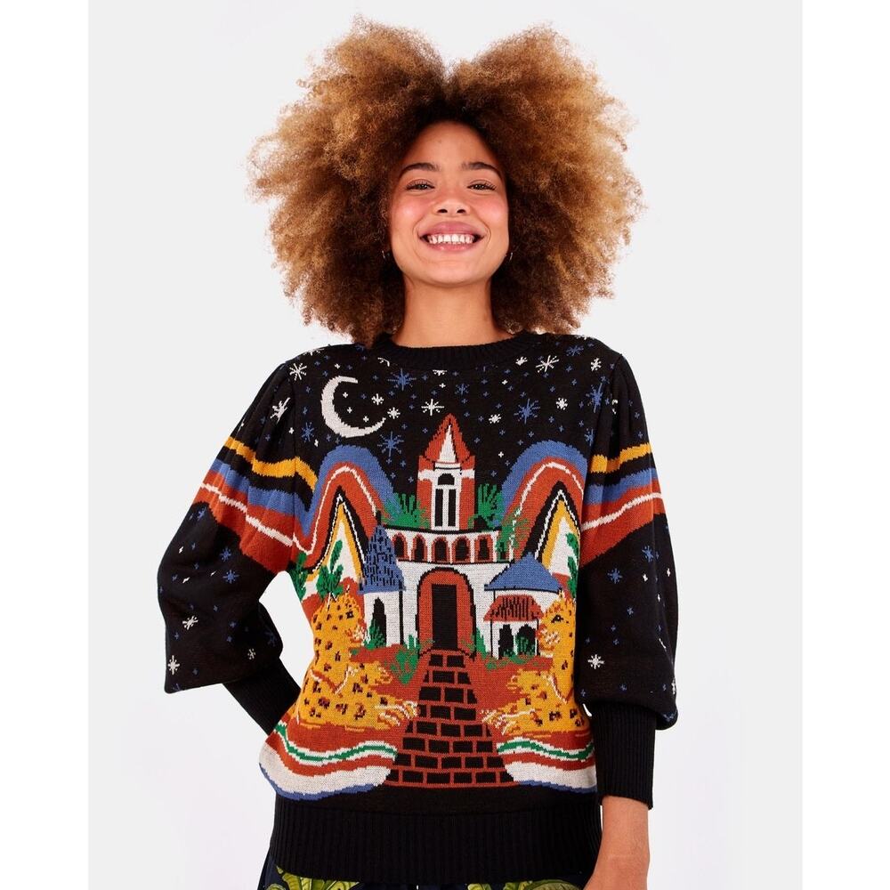 Farm Rio Midnight Cheetah Sweater NWT Large